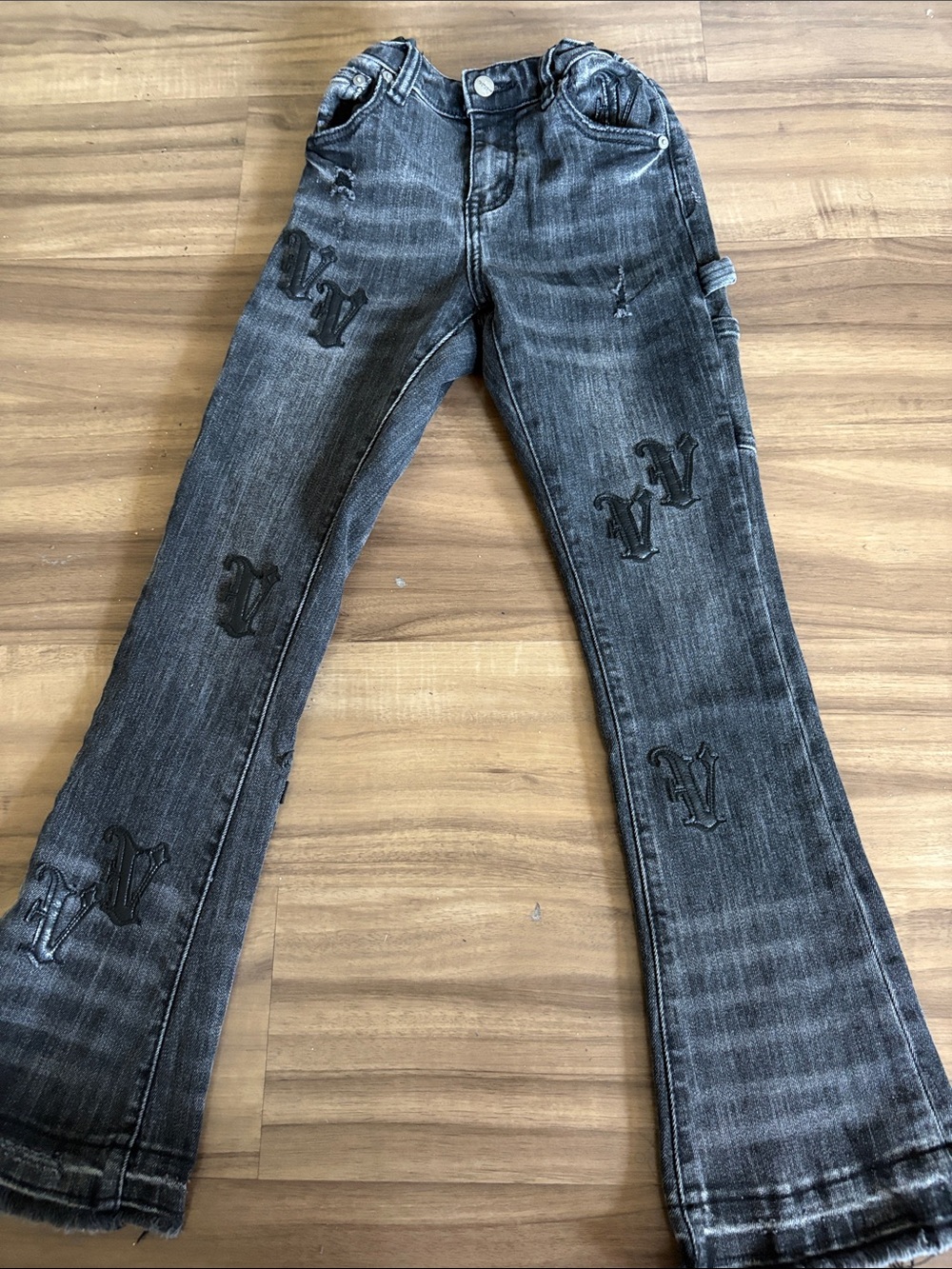 Girls' Black Washed Flared Jeans with Embroidered Patch Detail
